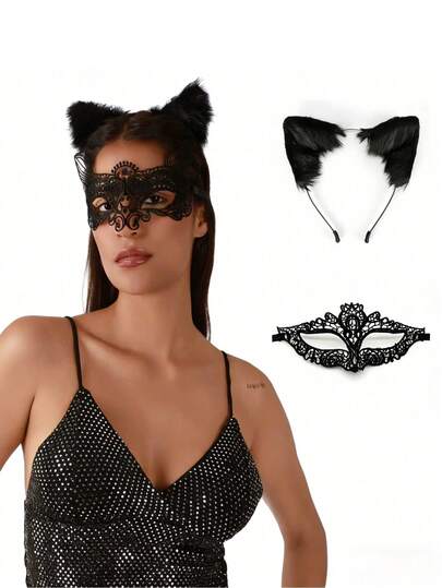 两件套黑色蕾丝服装套装，包括蕾丝眼罩和人造毛皮猫耳头箍，适合化装舞会、约会、万圣节角色扮演、主题派对、角色扮演游戏、复活节、狂欢节、圣诞节、情人节和舞台表演。