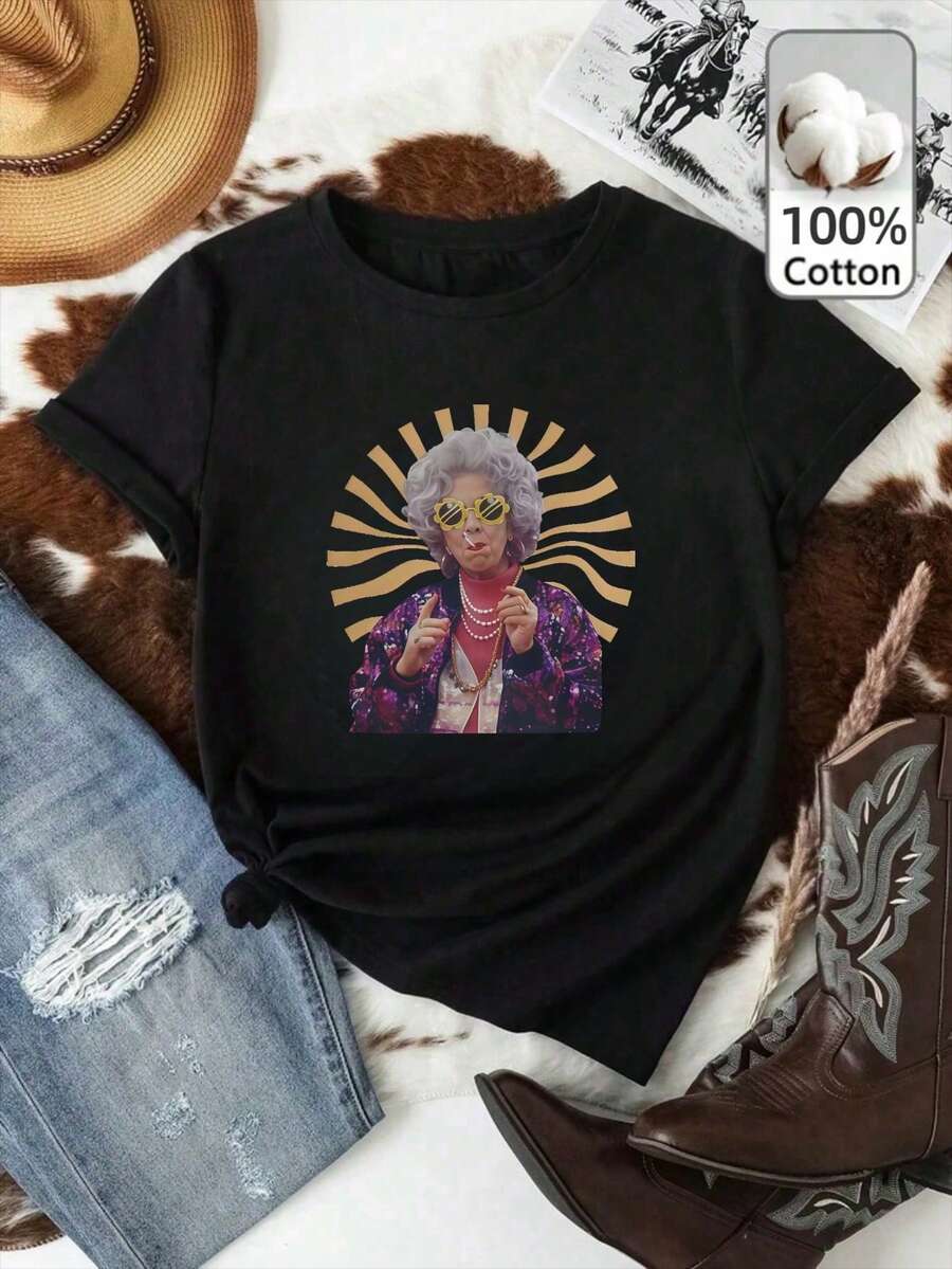 復古酷炫奶奶Yetta圖案T卹，電視節目酷阿姨T卹，90年代復古寬鬆純棉T卹，Y2K美學酷奶奶圖案T卹，柔軟100%純棉趣味奶奶T卹，送禮佳品 - 黑色 - 查看 1