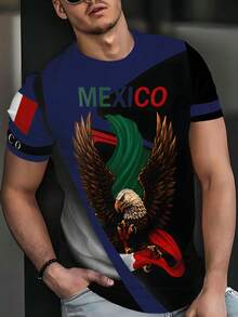 男士速干透气T恤 - 墨西哥雄鹰图案，绿、白、红配色 - 轻便健身旅行休闲上衣 - 时尚印花T恤，可机洗 - 彩色 - 查看 3