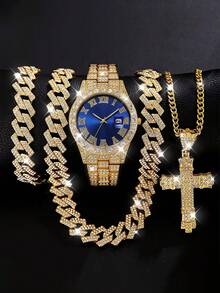 4pcs/Set Men's Business Wrist Watch, Punk Style Cross Necklace, Bracelet Set, Fashionable Versatile Accessory, Ideal Christmas/Halloween/Birthday Gift For Father/Boyfriend - Gold - View 6