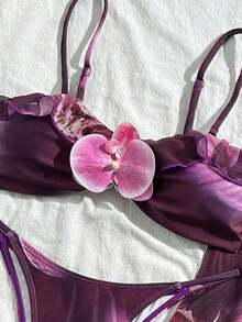 3pcs Women's Floral Print Elegant Sexy Backless 3D Flower Beach Dress Bikini Set, Spring/Summer Vacation - 薄荷藍 - 查看 11