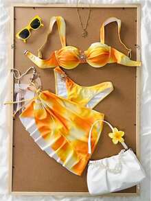 3-Piece Solid Color Tankini Swimwear Set, Wide Strap Design With Underwire For Comfortable Support, Fashionable Beach Style, Perfect For Summer Beach & Pool Parties Vacation White - Orange - View 3