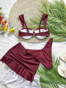 3-Piece Solid Color Tankini Swimwear Set, Wide Strap Design With Underwire For Comfortable Support, Fashionable Beach Style, Perfect For Summer Beach & Pool Parties Vacation White - 紅色 - 查看 5