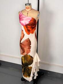 Women's Long Dress, One Shoulder, Ruffles, Print, Open Back, European Holiday Style - Multicolor - View 6