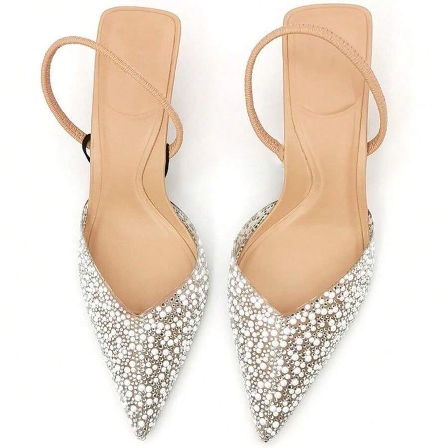 Casual Women's High Heel Shoes New ZA Summer Pearl Decorated Elegant Slingback Princess Style High Heels For Ladies - Apricot - View 1