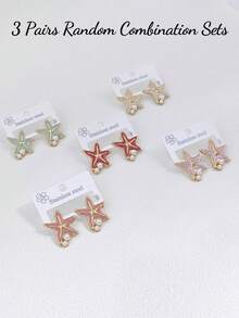 3 Pairs Set White Pearl Starfish Earrings, Minimalist Fashion Pearl Starfish Earring Set, Summer Beach Vacation Swimwear Accessories, Attractive Outfit Accessory, Wedding Dress Accessory - Multifunctional Jewelry Suitable For Swimming, Bathing, Exercising - Multicolor - View 2