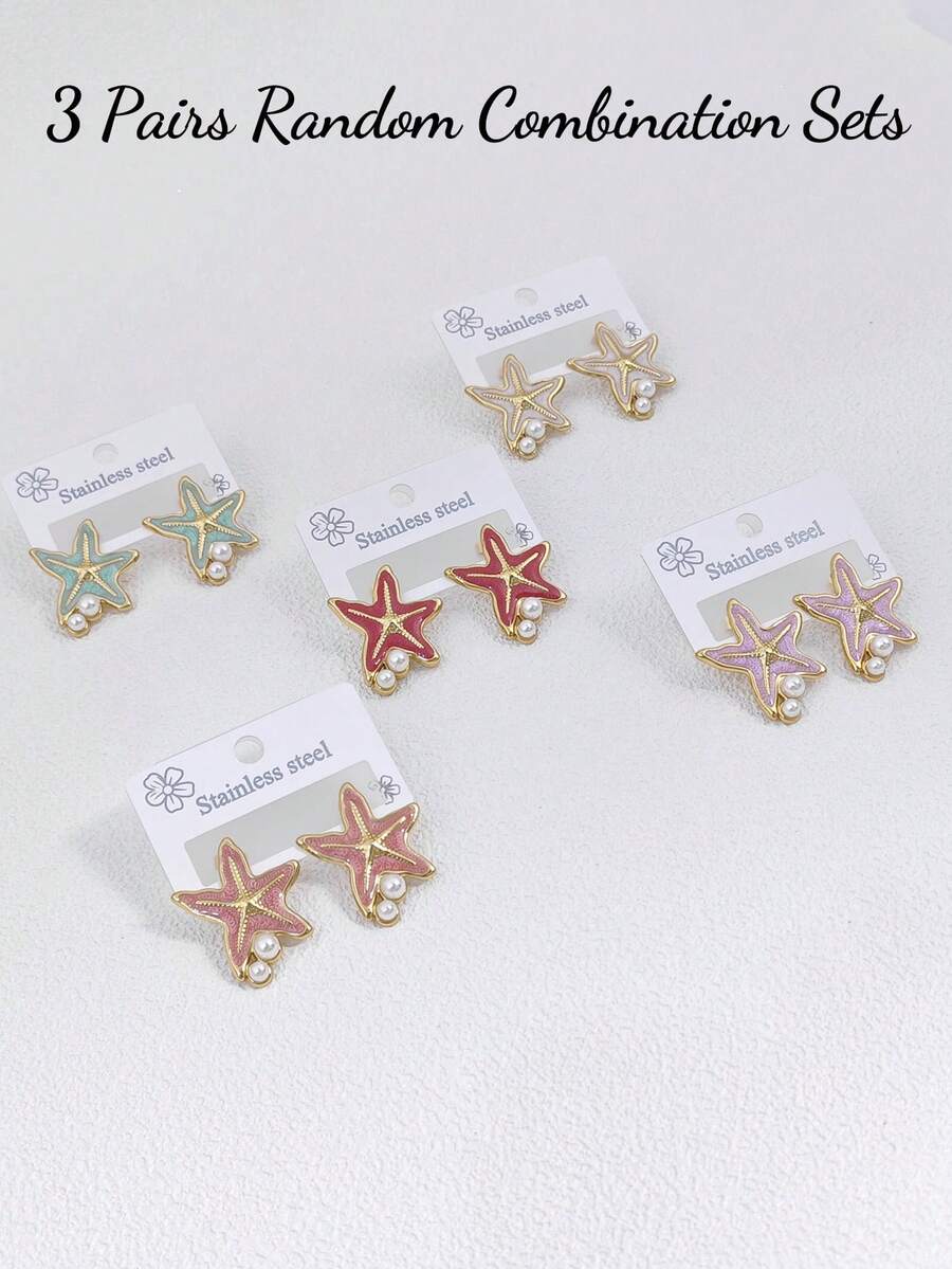 3 Pairs Set White Pearl Starfish Earrings, Minimalist Fashion Pearl Starfish Earring Set, Summer Beach Vacation Swimwear Accessories, Attractive Outfit Accessory, Wedding Dress Accessory - Multifunctional Jewelry Suitable For Swimming, Bathing, Exercising