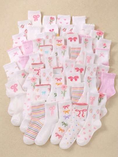 20 زوج جوارب متوسطة الطول للبنات، باللونين الوردي والأبيض، بتصاميم الفيونكة والزهرة والخطوط والنقاط، مخططات ألوان البنات، قابلة للتنفس ومريحة، مناسبة للأحذية الجلدية والأحذية الرياضية، أنماط عشوائية