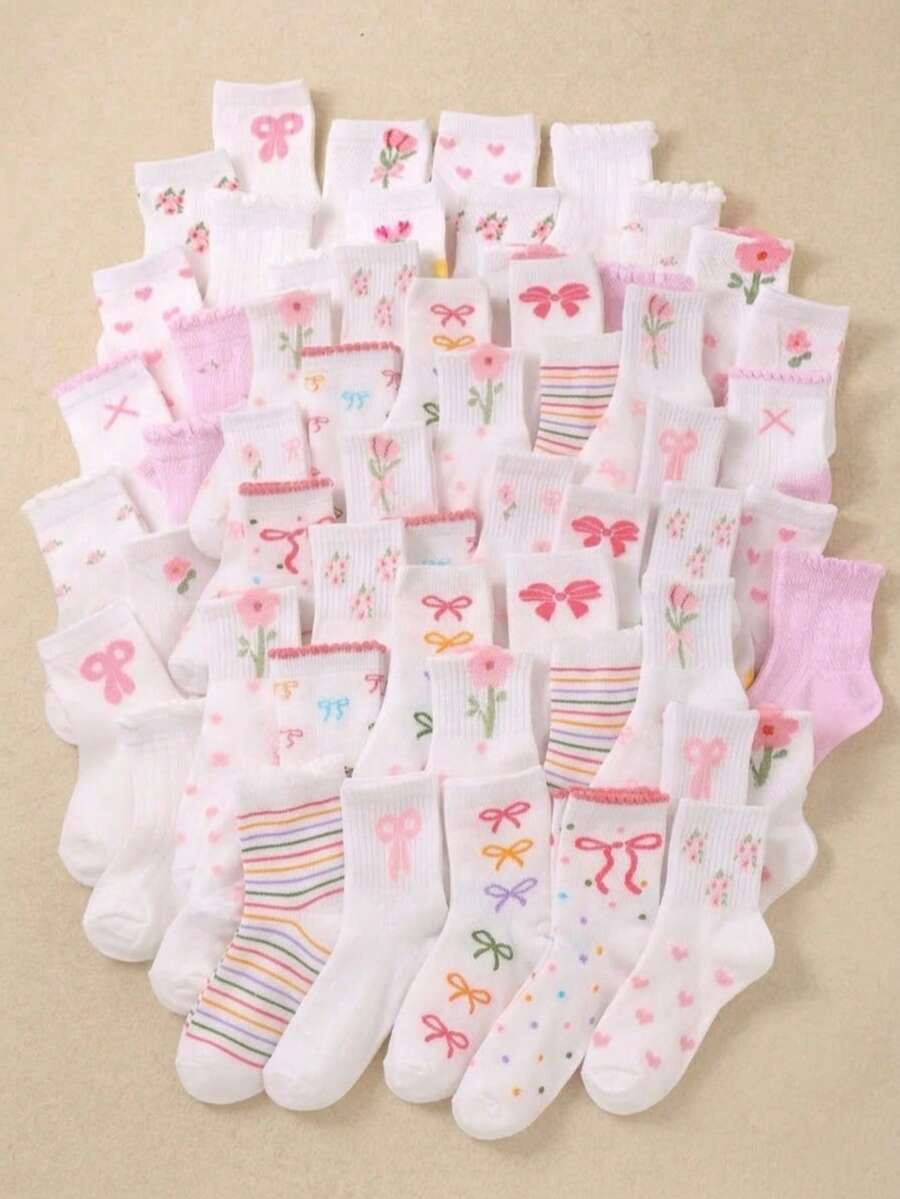 20双女童中筒袜,粉色和白色,蝴蝶结、花朵、条纹和波点图案,女童配色,透气舒适,适合搭配皮鞋和运动鞋,款式随机发货 - 彩色 - 查看 1