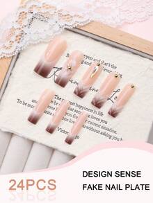 24pcs Long Coffin Shaped Press-On Nails, Pink Base With 3D Brown French Tip Embossed Design With Rhinestones, Includes 1pc Jelly Gel And 1pc Nail File, Elevate Your Style For Holidays, Daily Wear, Suitable For School, Office, Party - Brown - View 4