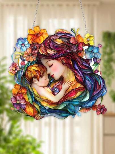 1pc Plastic 2D Printed Acrylic Hanging Decor With Mother Holding Child, Includes Sun Catcher, Suitable For Mother's Day, Birthday, Gift For Mom, Outdoor Garden Decoration