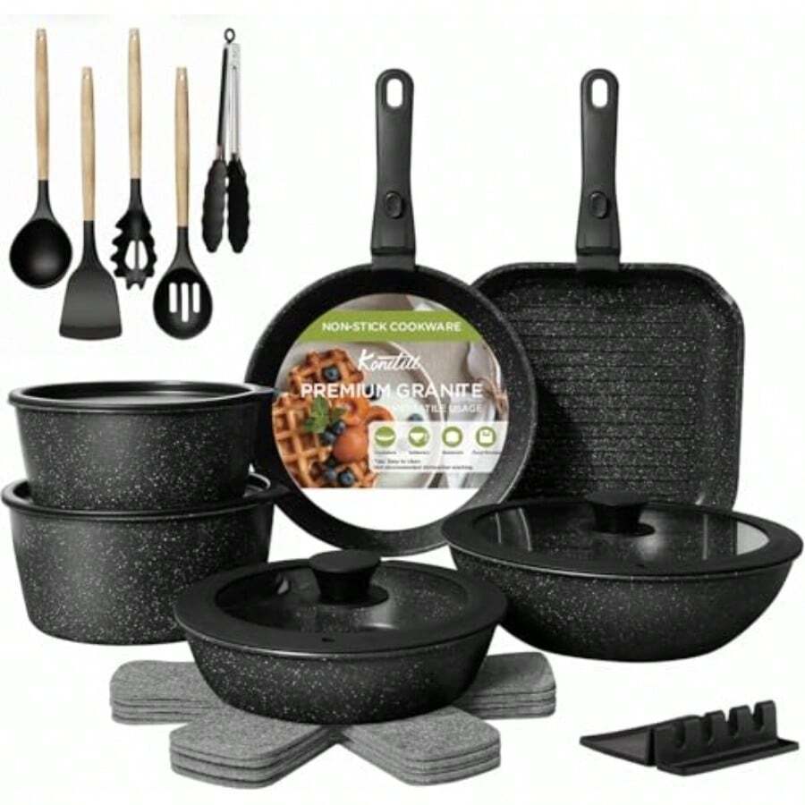 Juego de ollas y sartenes antiadherentes Juego de 23 Ollas Sarten Batería de Cocina Juego de Sartenes con Mango Desmontable Batería de Cocina Apto para Lavaplatos Y Horno - Negro - negro clásico - Ver 1