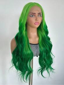 Green Ombre Wavy Lace Front Synthetic Wig, Heat Resistant Fiber Wig With Natural Hairline, Suitable For Fashionable Women - Green Highlight - View 3
