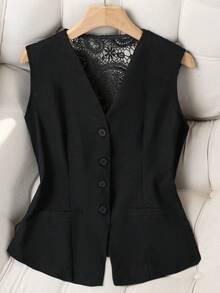 Lace Patchwork Waist Cincher Vest, Fashionable Elegant Sleeveless Backless Linen Vest, Suitable For Dates, Holidays, Office, Stage And Concerts In Spring, Summer And Autumn Black - Black - View 2
