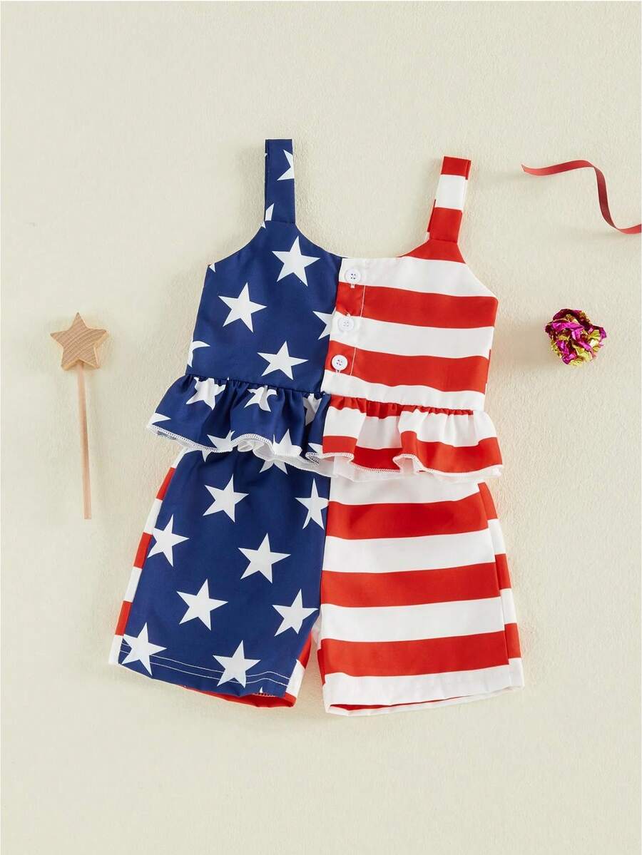 4th Of July Toddler Girl Outfit Strip Star Printed Sleeveless Tops Elastic Waist Shorts Girls Summer Clothes - Màu xanh lam - Xem 1