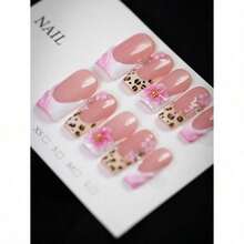 10pcs - Y2K Style Leopard Print Pink Flower Press On Nails, Pink Flower Gold Bead Square Nails - Leopard Print Design, Nude Pink Gradient, Sparkling Diamond Embellishment Fake Nails - Essential Nail Art For Autumn And Winter, Suitable For Daily, Party, And Outdoor Use - The Best Gift For Ladies And Women Nail Supplies - 彩色 - 查看 3