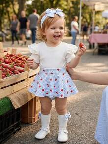 Newborn Baby Girl Summer Clothes Short Sleeves Plaid Skirt Romper Dress Headband Socks Set Fashion Holiday Outfit, Preemie Newborn Baby Girl Clothes - 天藍 - 查看 3