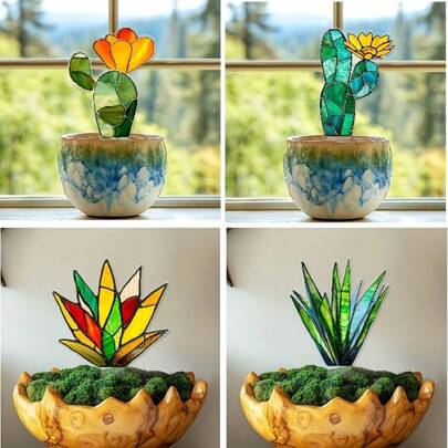 4个彩色植物花卉插片，复古彩色玻璃艺术风格，手工马赛克半透明纹理，带插入脚，可插入花盆，适合盆栽植物装饰、窗台、园艺景观，为绿色植物增添艺术氛围。