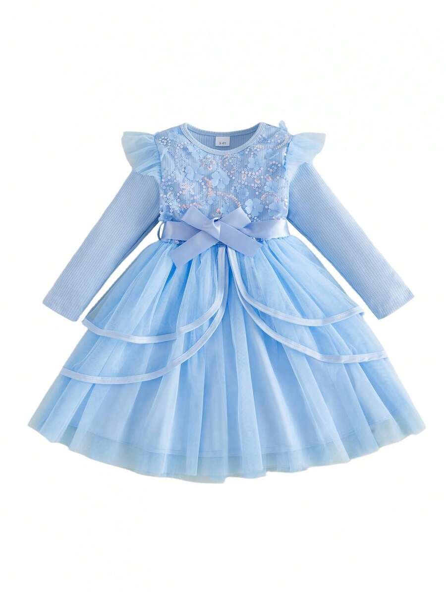 Toddler Dress Girls Ruffle Long Sleeve Layered Tulle Dress Fall Spring Fashion Party Dresses 3-10T, Kids Holiday Birthday Wedding Outfit - 天藍 - 查看 1
