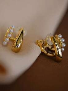 1对时尚新款一体式仿珍珠水滴螺旋夹式耳环，优雅设计，适合女性日常佩戴，节日礼物 - 耳夾 - 查看 7