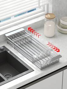 1 pieza Organizador de fregadero ajustable y extensible, rejilla de acero inoxidable para secar platos y utensilios, almacenamiento de vegetales y esponjas, rejilla de drenaje, rejilla para platos, estante de almacenamiento de cocina - Multicolor - Ver 6