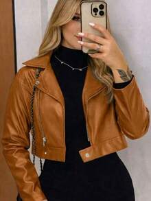Stylish Women's Faux Leather Jacket With Zipper Details – A Modern And Versatile Piece For São João 2026 - 駝色 - 查看 1