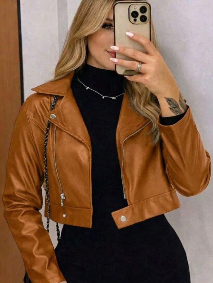 Stylish Women's Faux Leather Jacket With Zipper Details – A Modern And Versatile Piece For São João 2026 - 駝色 - 查看 1