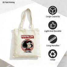 1 chiếc túi tote vải bố họa tiết hoạt hình Mafalda/màu đen + trang trí hình tròn đỏ cổ điển + dung tích lớn, có thể gấp gọn + phong cách retro Mỹ, phù hợp cho đi làm hàng ngày, mua sắm, đi học, dạo chơi. - trắng - Xem 7