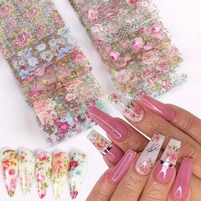 10pcs/Pack Rose Flower Nail Foil Transfer Sticker,Elegant Design Floral Spring Summer Nail Decal Accessories,Starry Sky Paper Paint Nail Art Decoration Nail Stickers