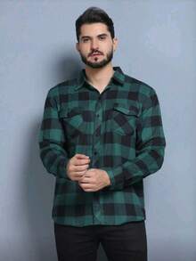 Plus Size Men's Long Sleeve Plaid Flannel Shirt - 綠色 - 查看 1
