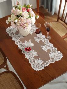 1pc Flower Embroidery Table Runner, White Lace Table Mat, For Home Decor - Beige - View 18
