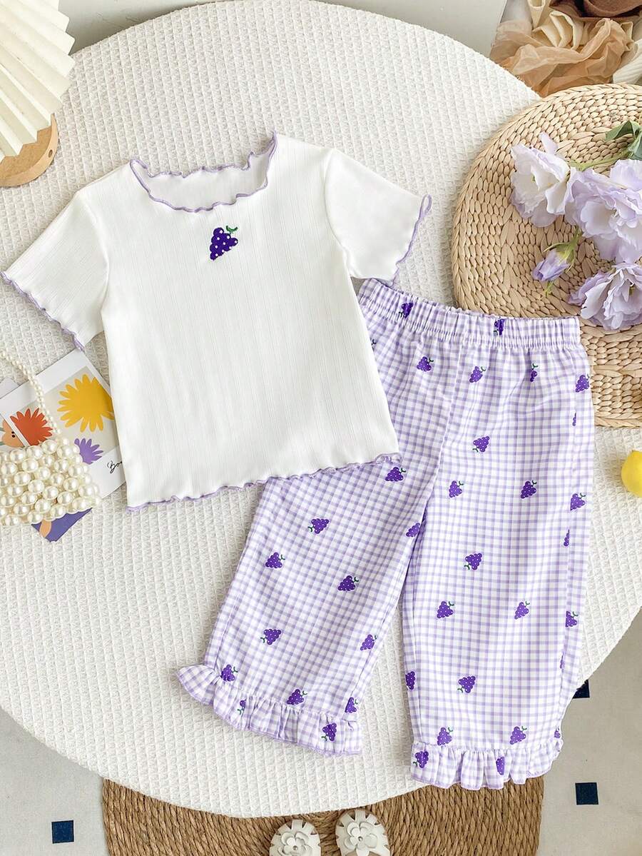 Girls Sweet 2 Pieces Embroidered Grape Plaid Ruffle Hem Outfit - Purple - View 1