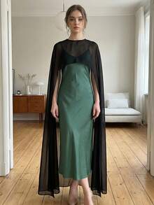 Womens High Low Polka Dot/Solid Color Sheer Cover-Ups Summer Holiday O Neck Cape Blouse Female Jacekt Long Party Tops - 黑色 - 查看 3