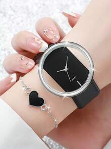 2pcs Set, Women's Watch With PU Leather Strap, Fashionable Minimalist Hollow Dial Quartz Watch + Heart-Shaped Bracelet, Suitable For Daily Wear, Casual, Vacation, Party Decoration, Holiday Gift, Mother's Day, Birthday - Multicolor - View 3