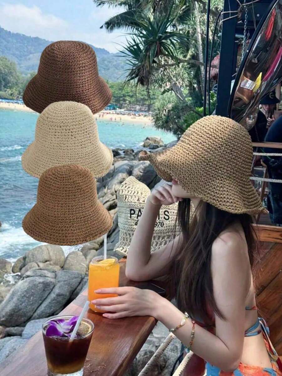 1pc Women's Khaki Wide Brim Straw Hat, Fashionable Retro Large Brim Beach Sun Protection Woven Hat For Summer - Multicolor - View 1