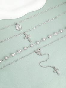 1pc Fashionable Chic Cross Metal Pendant Necklace With Elegant Pearl Beaded Y-Shaped Choker - Multicolor - View 2