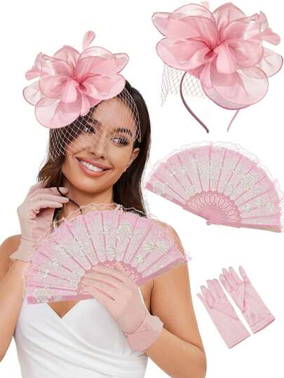 3Pcs D EXCEED Fascinator Tea Hat Gloves With Rose Hand Fans For Women Elegant Gloves For Vintage Ladies Tea Party Wedding Accessories