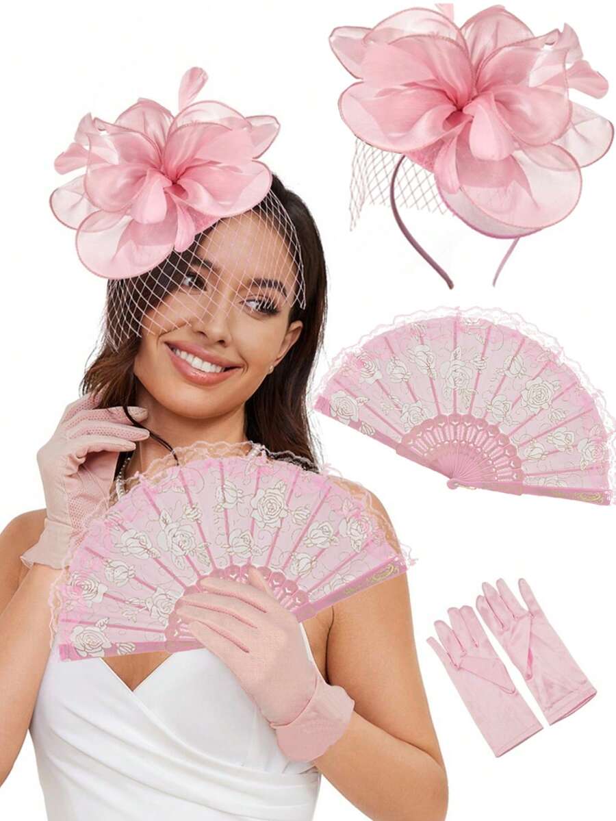 3件套D EXCEED女士优雅茶帽手套，配玫瑰手扇，适合复古女士茶会婚礼配饰 - 彩色 - 查看 1