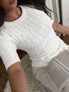 Freeform Women's Spring/Summer Casual Knit Top, Elegant Vacation Warm Versatile Slim Fit Pullover Sweater, Plus Size Short Sleeve Textured Knit Sweater, Regular Length, Non-Stretch Fabric White - White - View 2