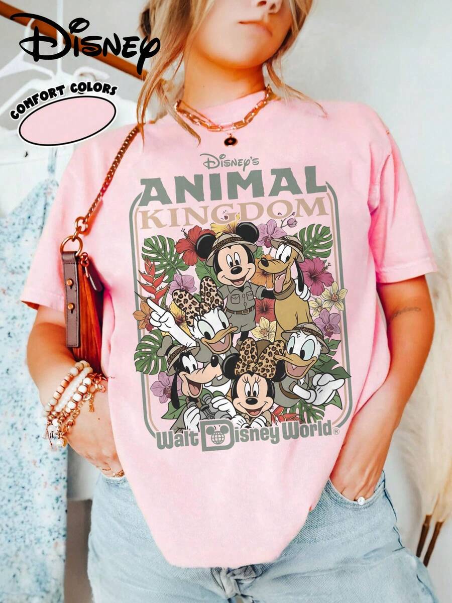 Disneyland Animal Kingdom Safari Pink Sweatshirt Graffiti Print Crew Neck Short Sleeve Casual T-Shirt  For Women  Tee Casual Short Sleeve Top Cute Casual Short Sleeve T-Shirt,Selected 100% High-Quality Cotton Fabric, Soft And Skin-Friendly, Breathable And Sweat-Absorbent. It Offers No Constraining Feeling During Daily Wear And Is Suitable For Spring And Summer Seasons As Well As For Long Trips. For Womencoords Sets For Women,Conjuntos De Mujer Elegantes - Pink - View 1
