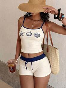 Women's Swimsuit Camisole, Elegant Sexy Ocean Print Lobster Crab Turtle Starfish Hibiscus Triangle Swimwear, Women's Crop Top With Built-In Bra Camisole Set, Suitable For Vacation, Beach, Pool And Sports, Autumn/Winter 2026 Spring/Summer, Music Festival, Basic, Graduation Ceremony, Women's Camisole And Spaghetti Strap Beach Outfit - 米色 - 查看 6