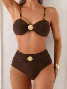 Brown High-Waisted Bikini Swimsuit Set With Tummy Control, Beaded Straps And Metallic Shells, Elegant Faith - 棕色 - 查看 4