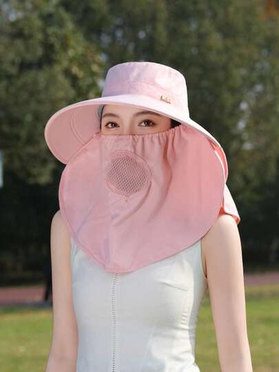 Mũ nữ 1 chiếc, mũ tai bèo màu trơn với logo chữ tiếng Anh bằng kim loại, che phủ toàn bộ cổ, có lưới che mặt, thích hợp cho hoạt động ngoài trời, đi biển, du lịch, trang phục thường ngày và thể thao.