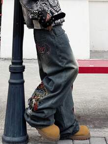1 buc. Pantaloni largi brodați pentru bărbați, stil american, la modă stradală, stil american, blugi versatili, lejeri, casual, confortabili, pentru naveta, pentru toate anotimpurile (fără curea sau accesorii) - Dusty Blue - Vizualizare 7