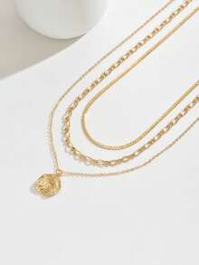 3pcs/Set Simple Versatile Round Pendant Necklace, Gold Plated Handmade Cute Short Clavicle Chain, Multi-Layer Necklace For Women, Suitable For Casual Daily Wear. Handmade Chain Length Can Be Customized. - Gold - View 2