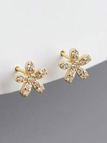 1对简约小巧水钻花朵耳钉，清新小众，适合女性日常佩戴的梅花耳环 - 金黃色 - 查看 2