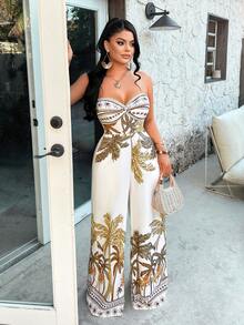 女士休闲优雅度假连体裤，无肩带露背设计，阔腿印花连体裤，适合海滩度假 - 白底棕花 - 查看 4