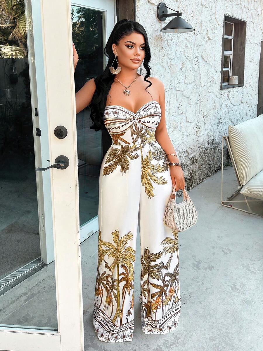 女士休闲优雅度假连体裤，无肩带露背设计，阔腿印花连体裤，适合海滩度假 - 白底棕花 - 查看 1