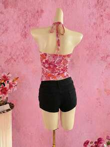 Áo ống màu cam đào in hoa và họa tiết paisley, cổ buộc nơ hình trái tim, kiểu dáng bohemian, thích hợp mặc đi biển mùa hè cho nữ. - Hồng - Xem 4