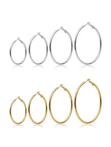 1对316L不锈钢2毫米粗圈耳环（30毫米/40毫米/50毫米/60毫米），防水不褪色金银色圆形耳环，低过敏性日常必备首饰/耳环，女士耳环，耳环，女士耳环 - 金黃色 - 查看 2